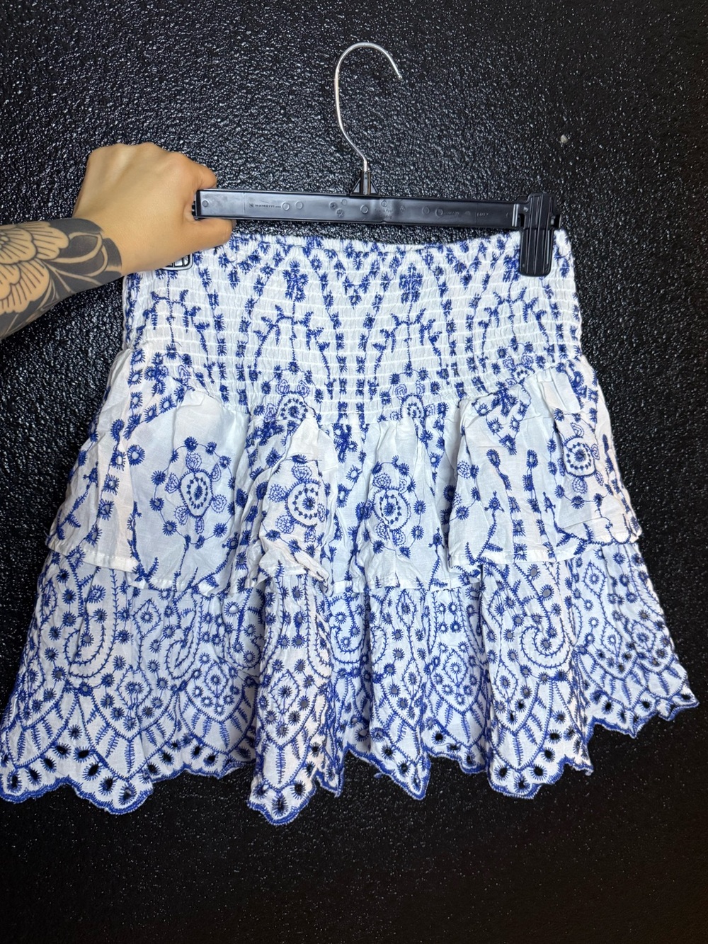 Blue & White Embroidered Ruffle Mini Skirt